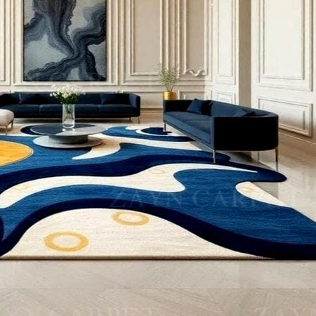 Handcrafted Blue Abstract Freeform Living Room Rug